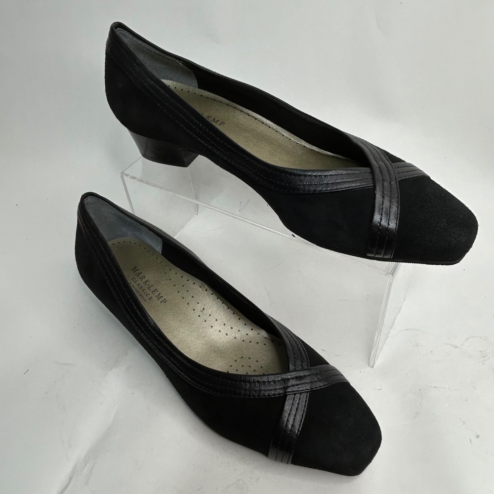 Mark Lemp Classics Walking Cradles Black Suede Leather Square‎ Toe Pumps 10M
